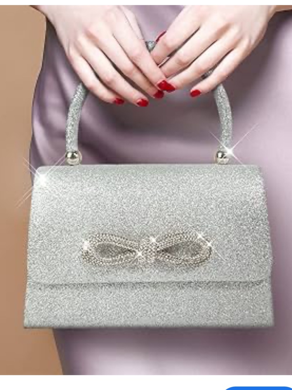 Silver Glitter Bow Top-Handle Evening Bag